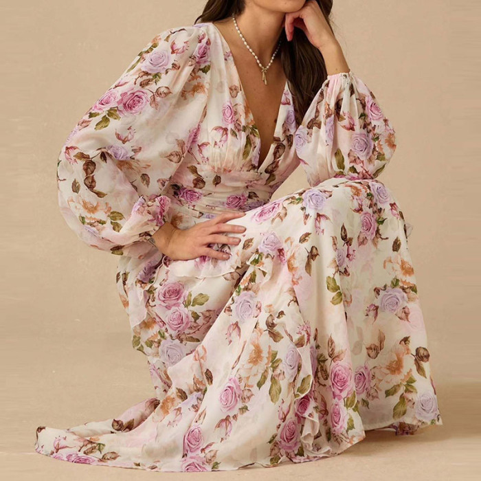 ✨Elegant Floral Ruffle Hem V-Neck Maxi Dress✨