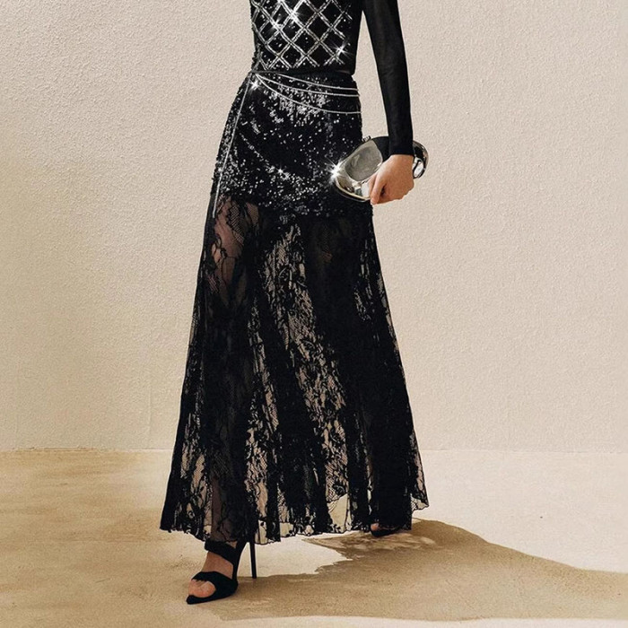 ✨Lace Patchwork Sequin High Waist A-Line Skirt✨