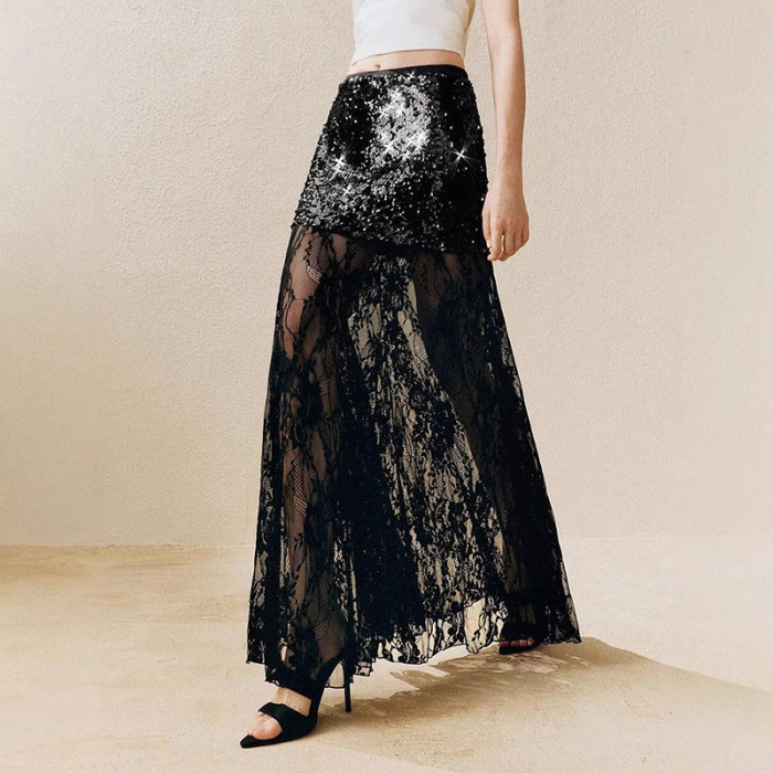 ✨Lace Patchwork Sequin High Waist A-Line Skirt✨