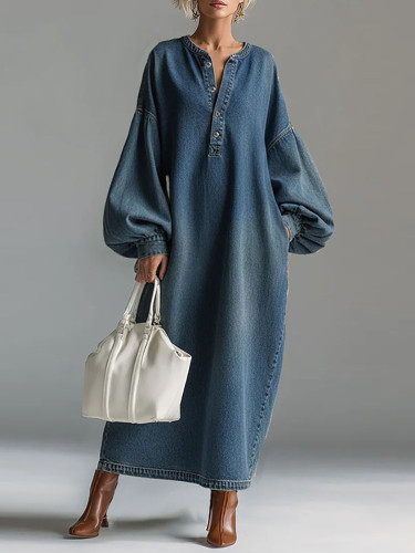 ✨Vintage V-Neck Lantern Sleeve Denim Dress✨