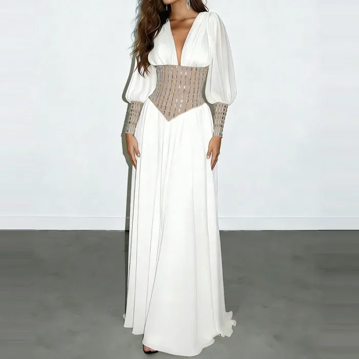 ✨Elegant Diamond Patchwork Long Sleeve Banquet Dress✨