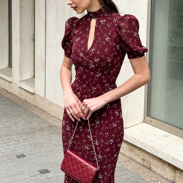✨Elegant Stand Collar Floral Print Long Dress✨