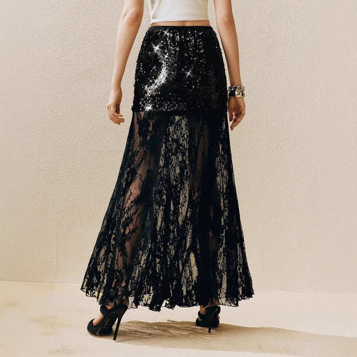 ✨Lace Patchwork Sequin High Waist A-Line Skirt✨