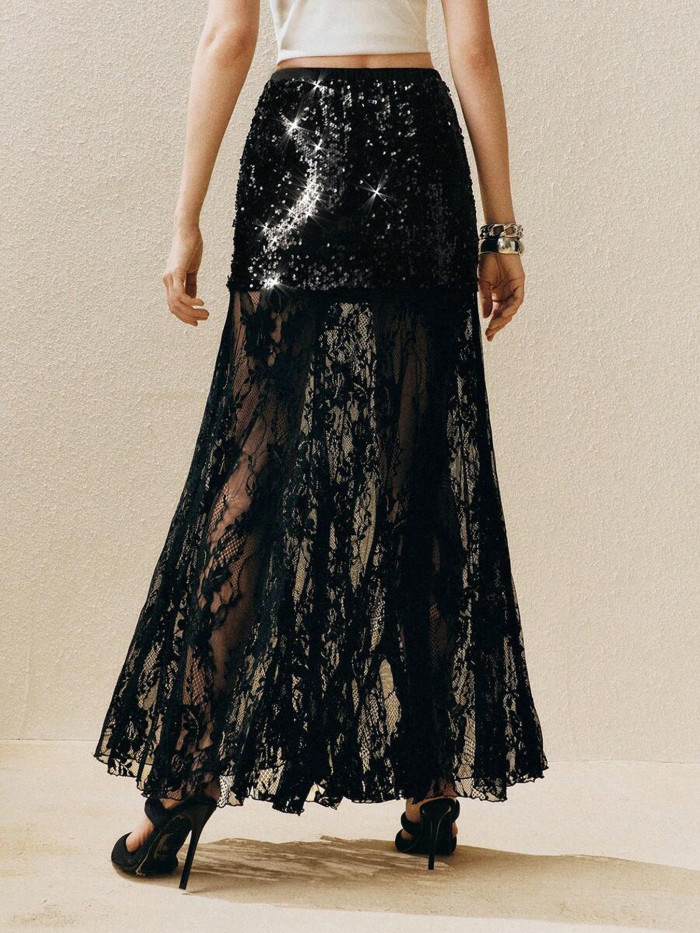 ✨Lace Patchwork Sequin High Waist A-Line Skirt✨