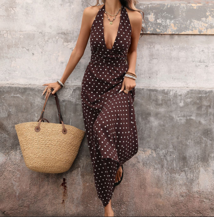 ✨Chic Polka Dot Halter V-Neck Lace-Up Dress✨