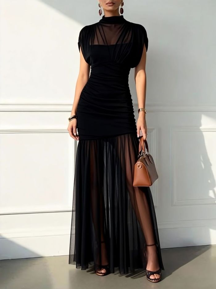 ✨Patchwork Pleated Half-High Collar Slim Dress✨
