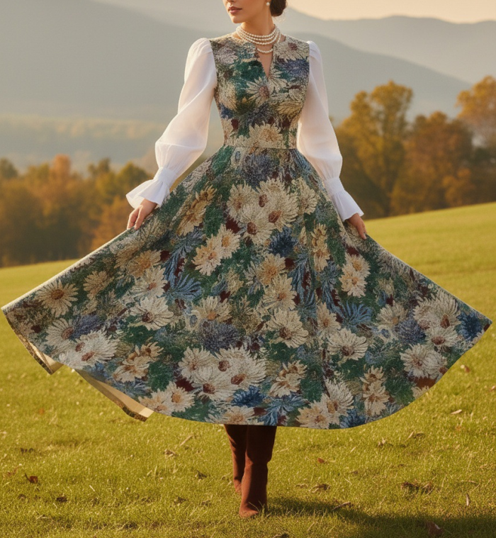 ✨Vintage Patchwork V-Neck Flare Sleeve Dress✨