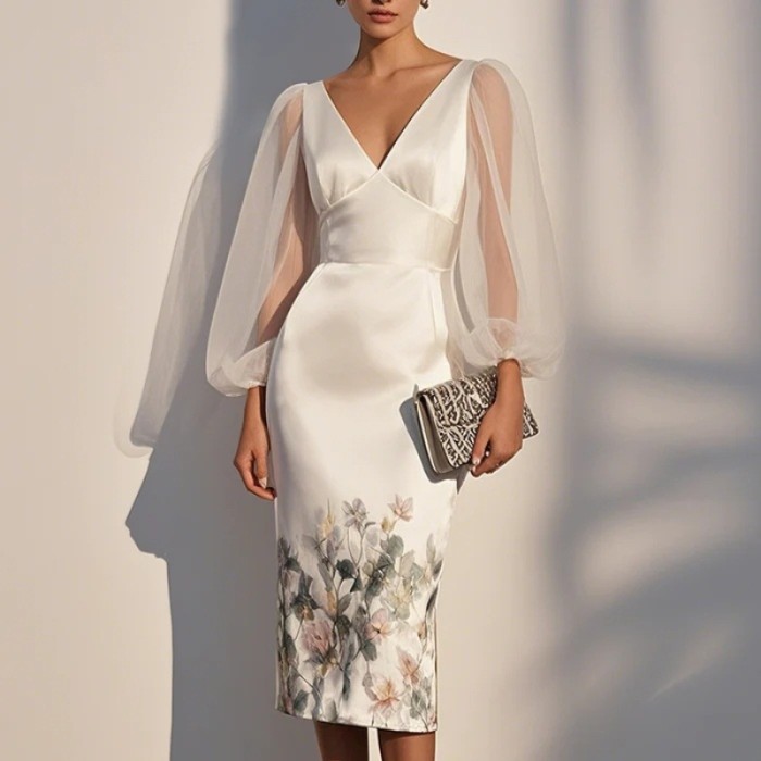✨Elegant Mesh Splicing V-Neck Digital Print Formal Wrap Dress✨