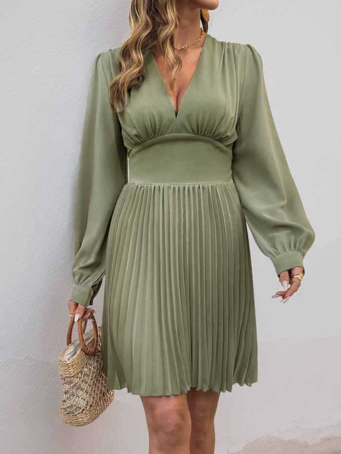 ✨Elegant V-Neck Pleated Long Sleeve Dress✨