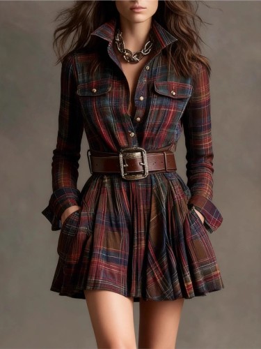 ✨Temperament Plaid Lapel Long Sleeve Belted A-Line Dress✨