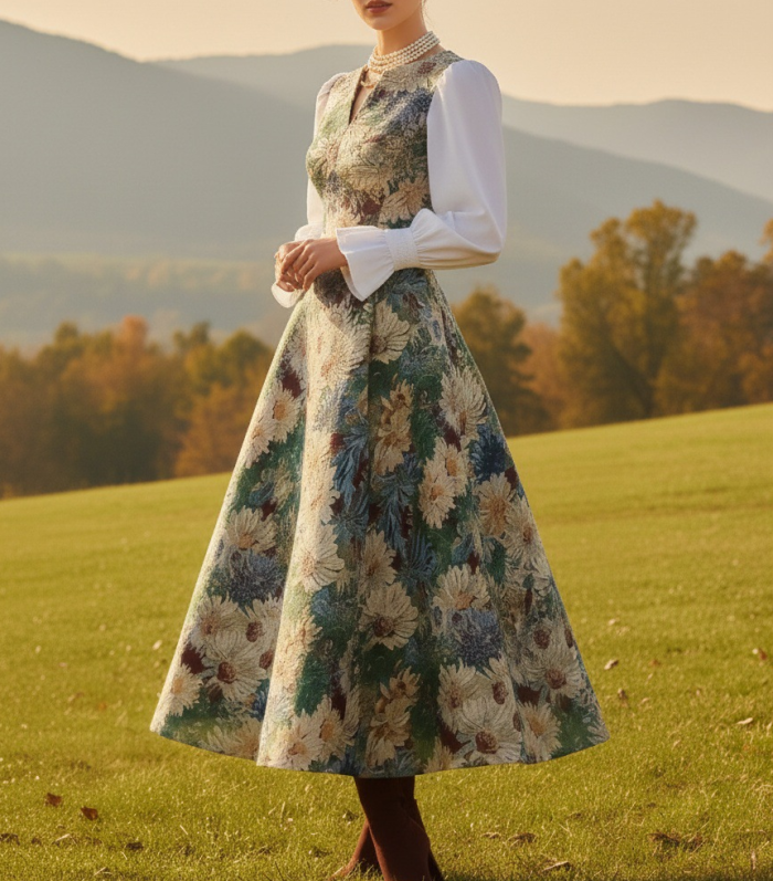 ✨Vintage Patchwork V-Neck Flare Sleeve Dress✨
