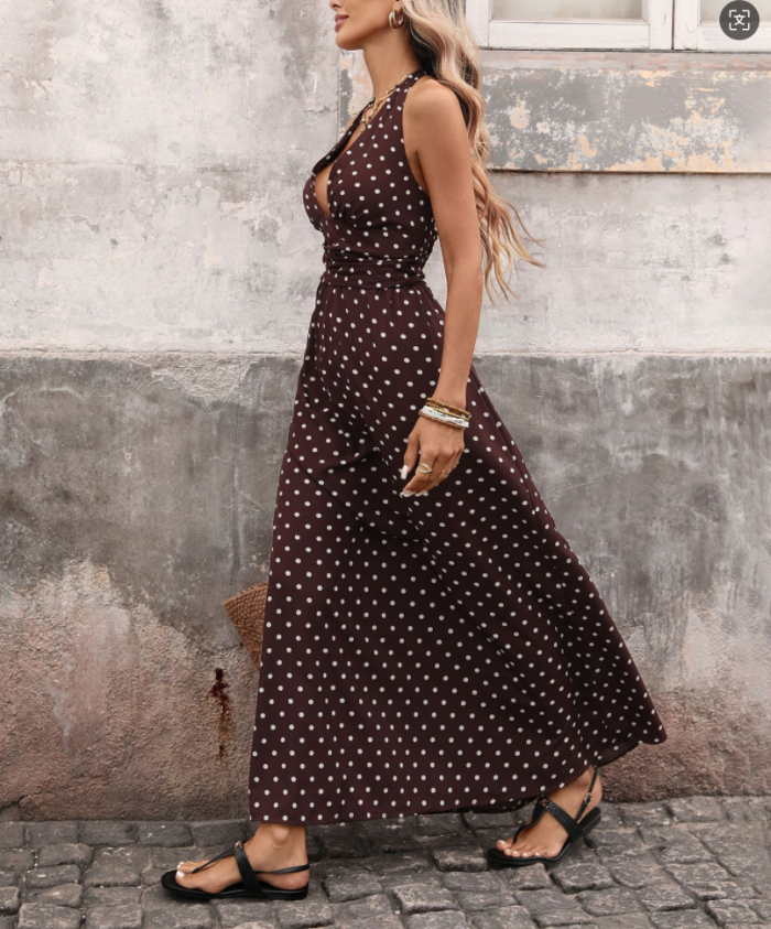 ✨Chic Polka Dot Halter V-Neck Lace-Up Dress✨