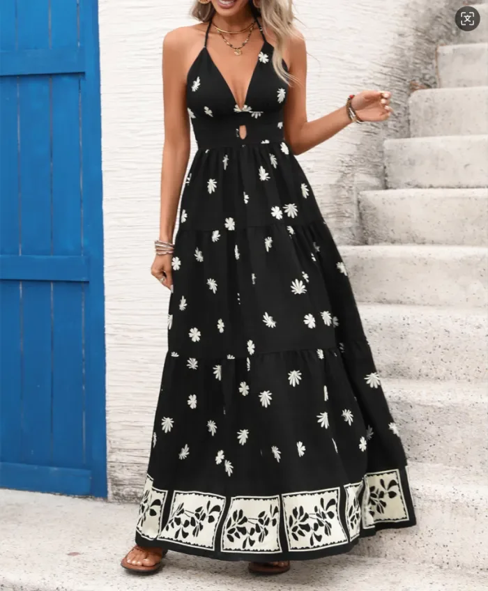 ✨Chic Print Halter V-Neck Lace-Up Dress✨