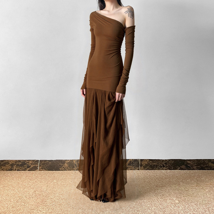 ✨Vintage Patchwork Gauze Slant Collar Slim Dress✨