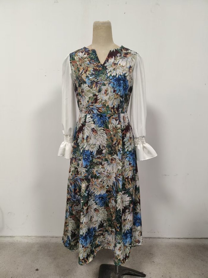 ✨Vintage Patchwork V-Neck Flare Sleeve Dress✨