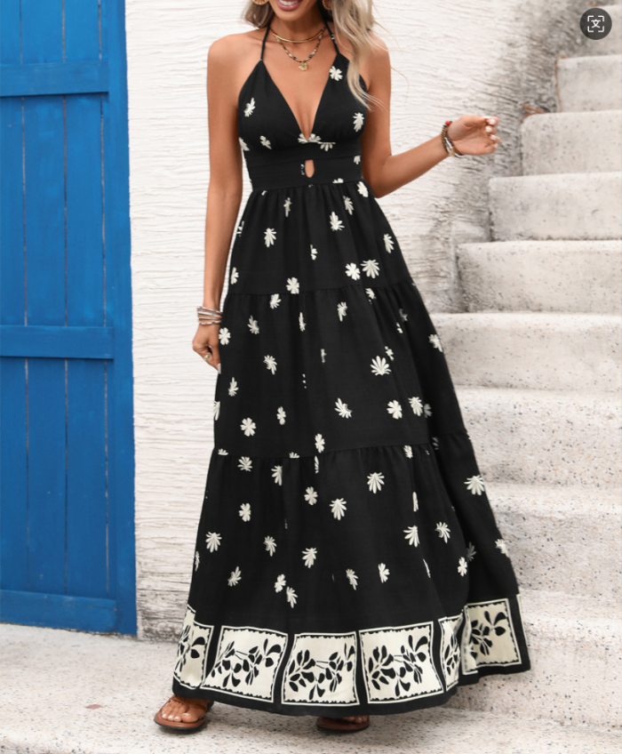 ✨Chic Print Halter V-Neck Lace-Up Dress✨