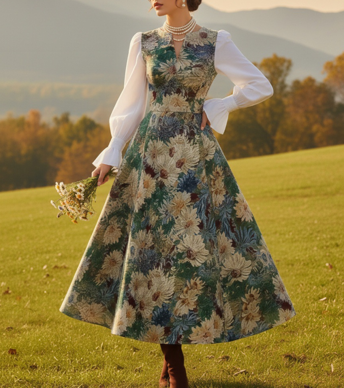 ✨Vintage Patchwork V-Neck Flare Sleeve Dress✨