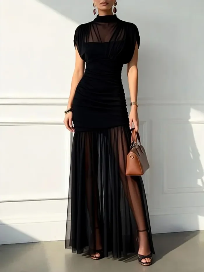 ✨Patchwork Pleated Half-High Collar Slim Dress✨