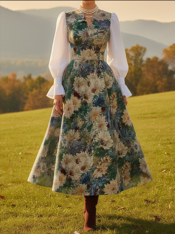 ✨Vintage Patchwork V-Neck Flare Sleeve Dress✨