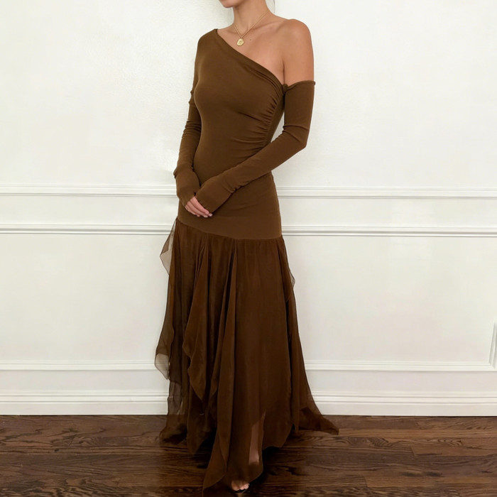 ✨Vintage Patchwork Gauze Slant Collar Slim Dress✨