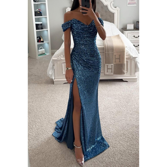 ✨Glam Sequined One-Shoulder Slit Party Evening Dress✨