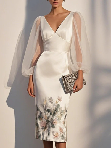 ✨Elegant Mesh Splicing V-Neck Digital Print Formal Wrap Dress✨