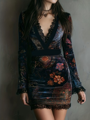 ✨Gothic Vintage Velvet Floral Lace Slim Mini Dress✨