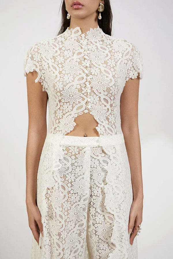 ✨Elegant Floral Lace High Low Wide Leg Pants Set✨