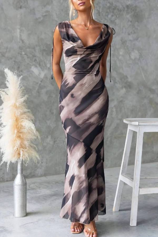 ✨Cowl Neck Tie-Back Waist-Cinched Bodycon Maxi Dress✨