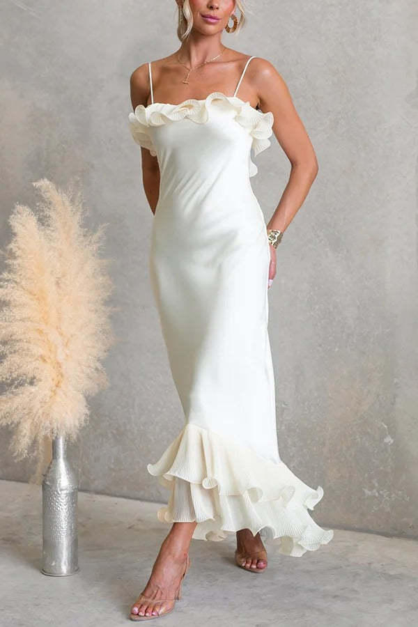 ✨Satin Pleated Chiffon Ruffle Slip Maxi Dress✨
