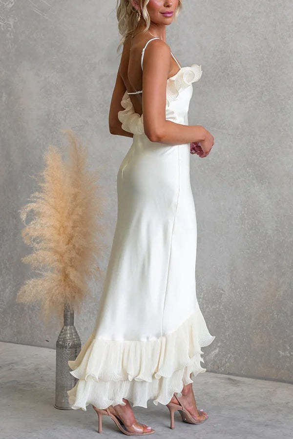 ✨Satin Pleated Chiffon Ruffle Slip Maxi Dress✨