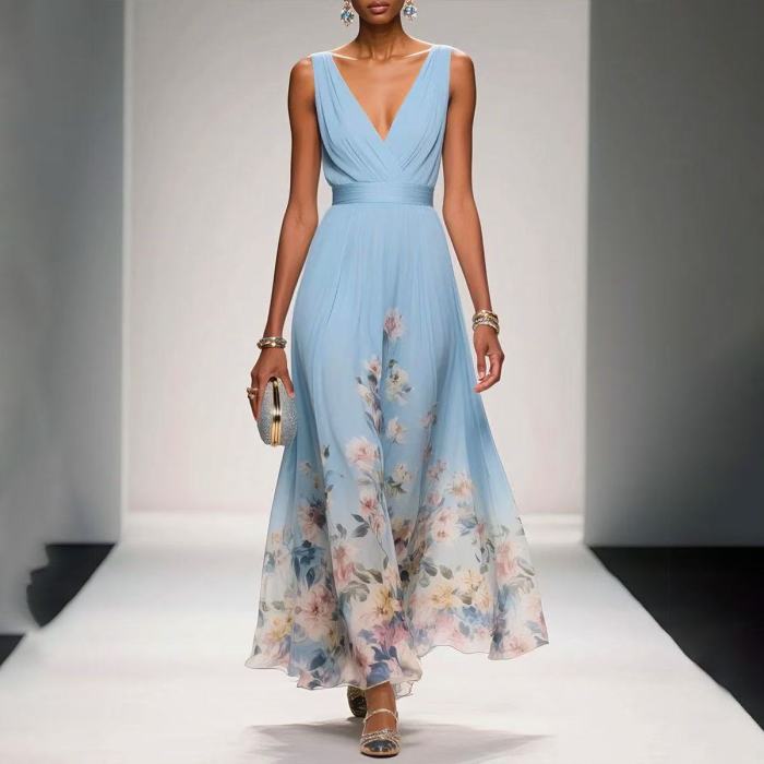 ✨Elegant Chiffon Floral Print V-neck Maxi Dress✨