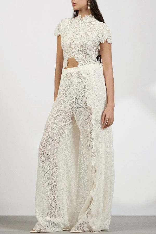 ✨Elegant Floral Lace High Low Wide Leg Pants Set✨