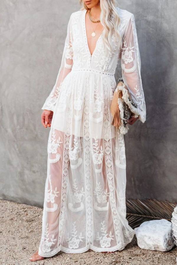 ✨Deep V Lace Embroidered Sheer Maxi Dress✨