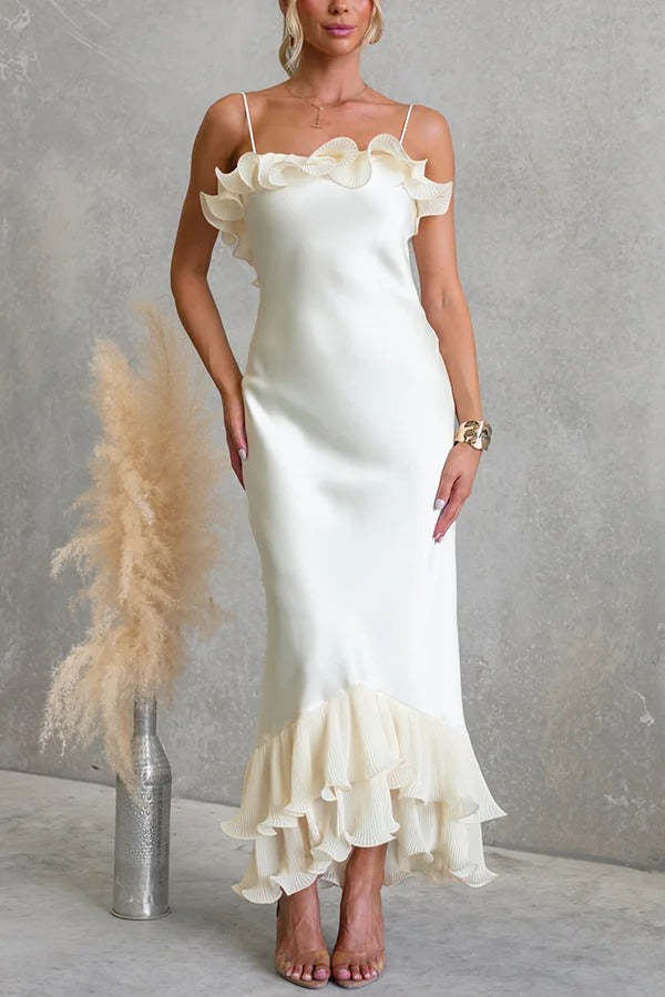 ✨Satin Pleated Chiffon Ruffle Slip Maxi Dress✨