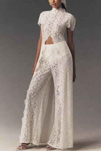 ✨Elegant Floral Lace High Low Wide Leg Pants Set✨