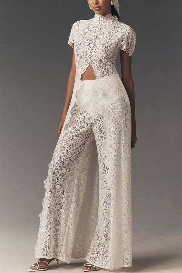 ✨Elegant Floral Lace High Low Wide Leg Pants Set✨