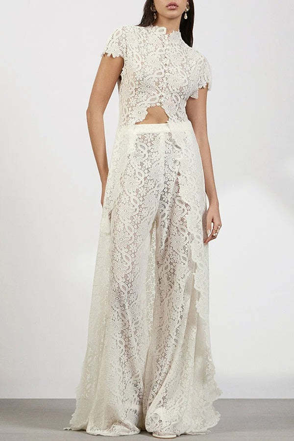 ✨Elegant Floral Lace High Low Wide Leg Pants Set✨