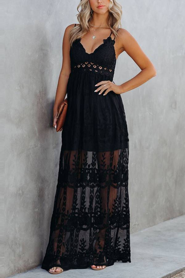 ✨Spaghetti Strap Lace Embroidered Sheer Maxi Dress✨