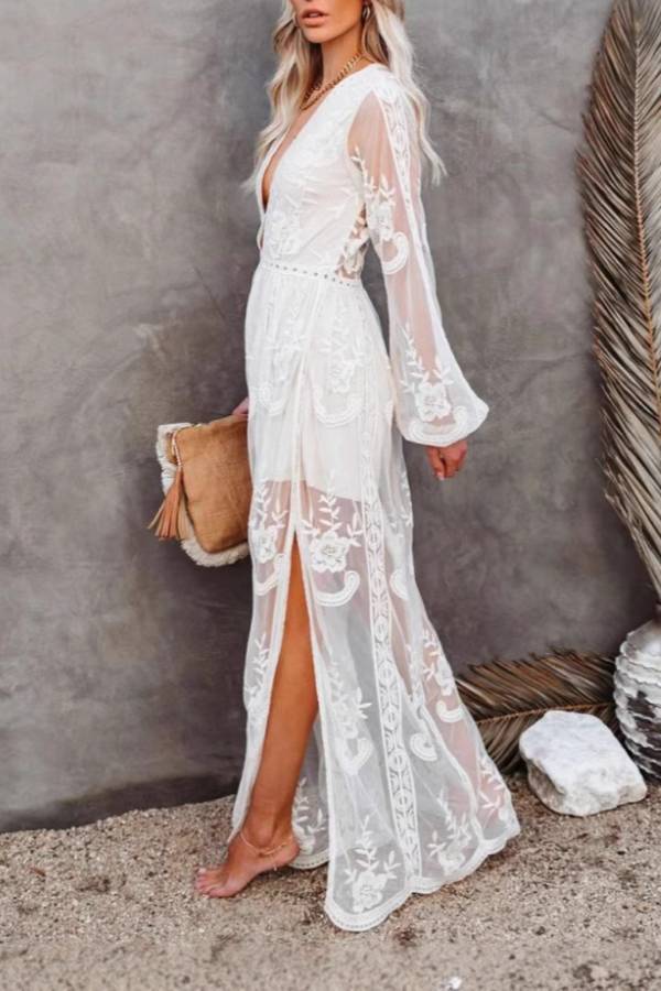 ✨Deep V Lace Embroidered Sheer Maxi Dress✨