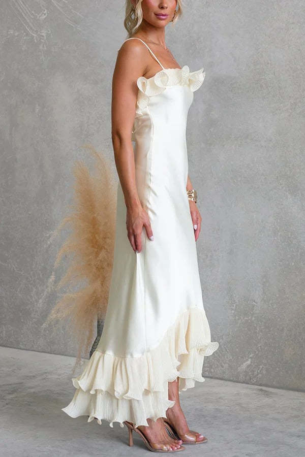 ✨Satin Pleated Chiffon Ruffle Slip Maxi Dress✨