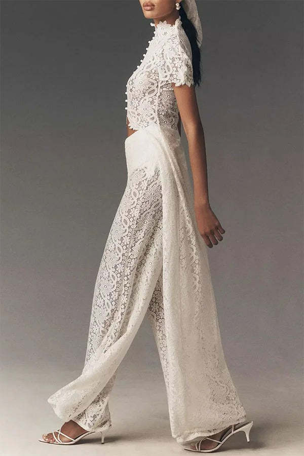 ✨Elegant Floral Lace High Low Wide Leg Pants Set✨