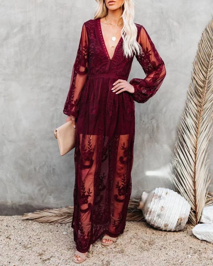 ✨Deep V Lace Embroidered Sheer Maxi Dress✨