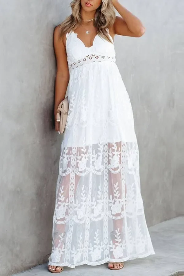 ✨Spaghetti Strap Lace Embroidered Sheer Maxi Dress✨