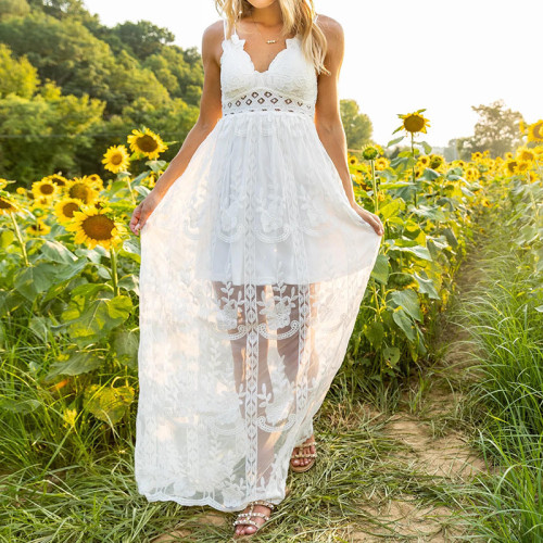 ✨Spaghetti Strap Lace Embroidered Sheer Maxi Dress✨