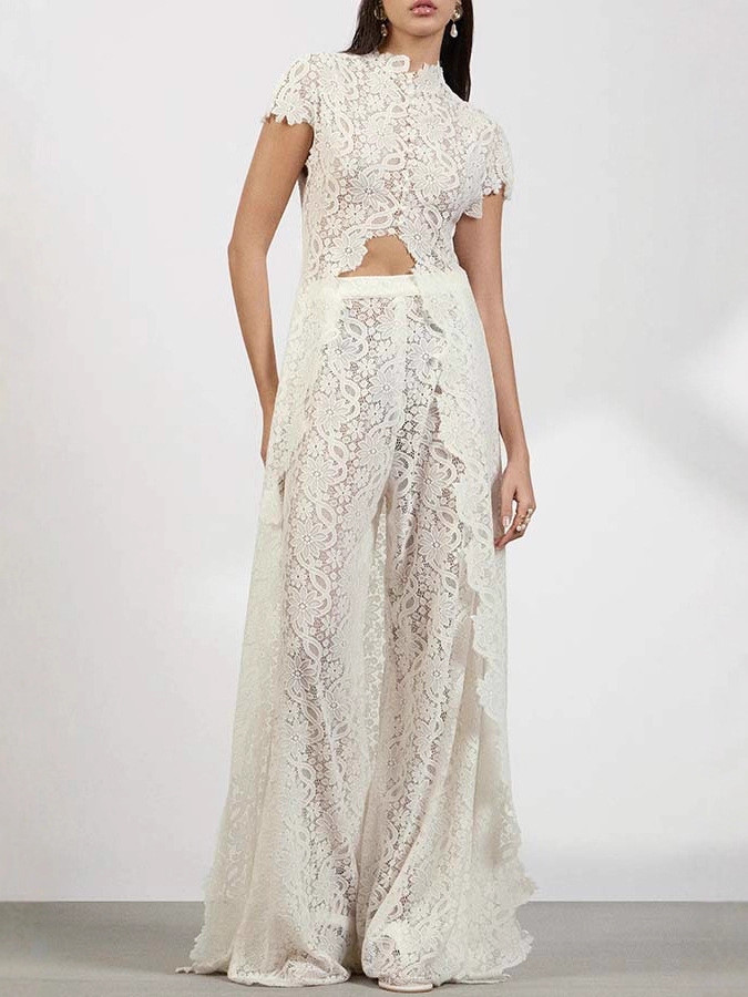 ✨Elegant Floral Lace High Low Wide Leg Pants Set✨