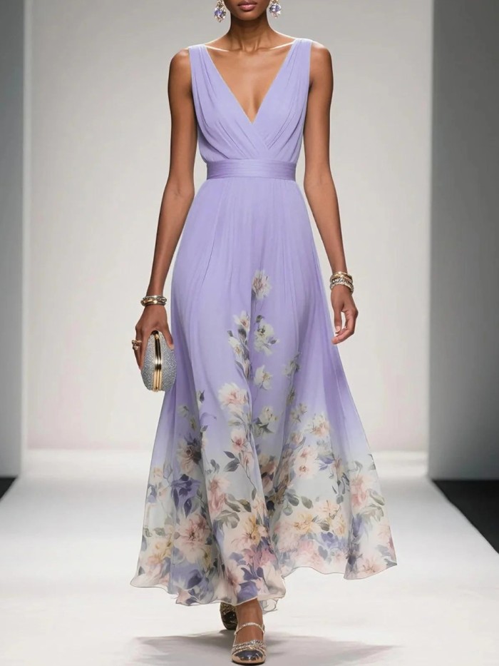 ✨Elegant Chiffon Floral Print V-neck Maxi Dress✨