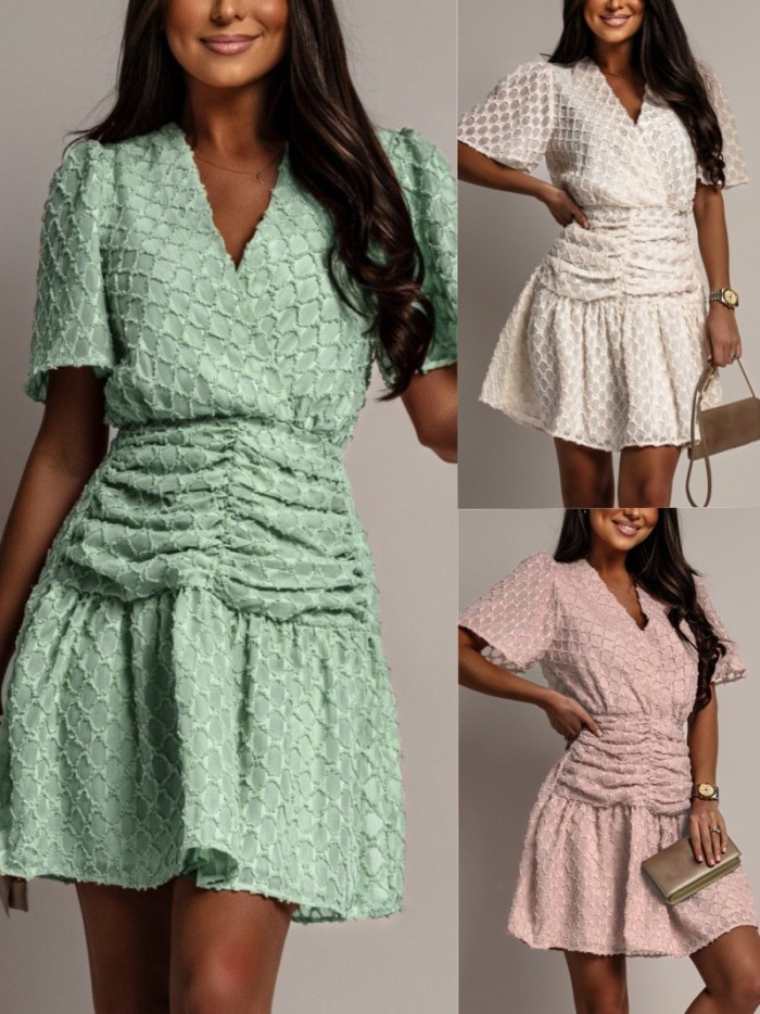 ✨Chic V-Neck Short Sleeve High-Waist Mini Dress✨