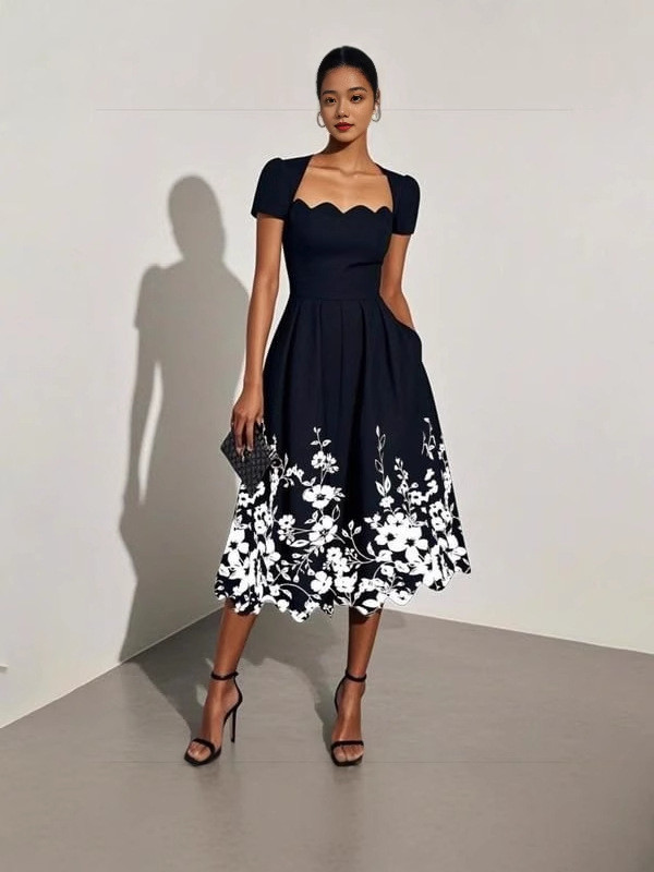 ✨Casual Print Square Collar High Waist Loose Dress✨