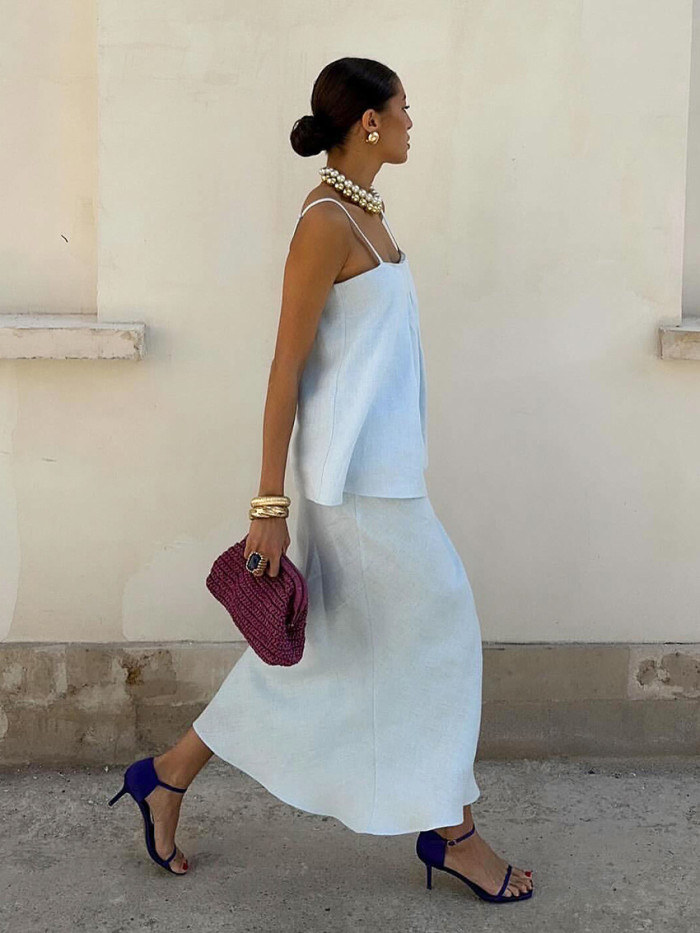 ✨Linen Blend Square Neck Camisole & Maxi Skirt Set✨